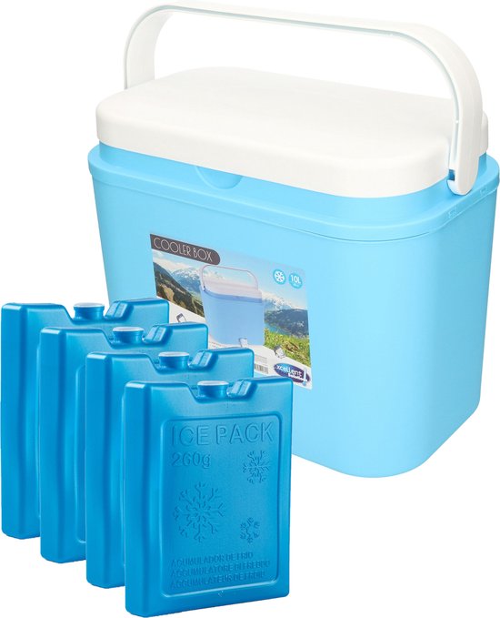 Excellent Houseware koelbox kunststof blauw 10 liter met 4x blauwe koelelementen van 13 x 10 cm