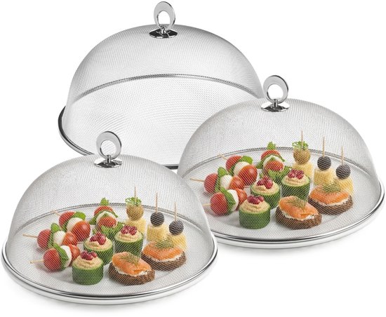 Excellent Houseware Vliegenkap - 3x - Voedselkap - RVS - rond - D30 cm - Eten/voedsel beschermen - tegen ongedierte - Afdekkappen