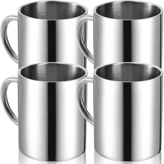 EXCITAT 4 stuks - Beker - Dubbelwandige geïsoleerde beker - Metalen beker - Geschikt voor thuis, in de keuken, in hotels, restaurants - 300 ml
