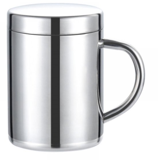 EXCITAT Beker - Rvs Mok - Thermosfles van roestvrij staal - Campingmok - Dubbelwandige geïsoleerde mok - Met deksel - 200 ml - Zilver