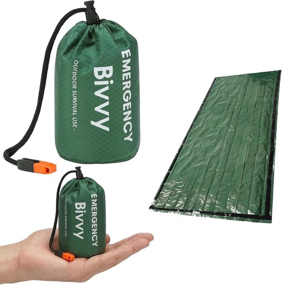 Extra brede noodslaapzak 91 x 210 cm - Waterdichte biwakzak met 90% warmtereflectie, signaalfluitje en ultralicht ontwerp voor outdoor, kamperen en survival