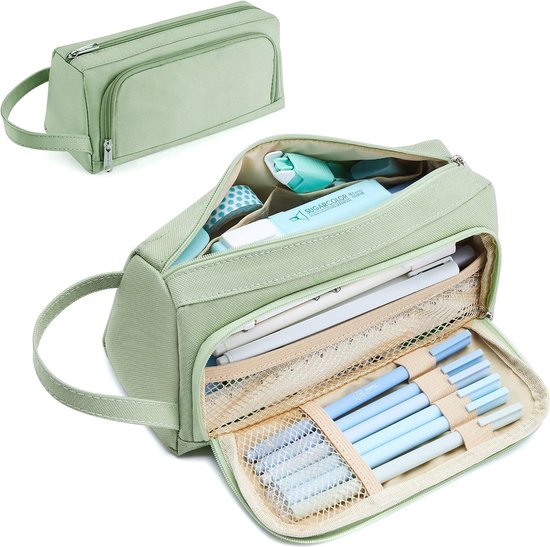 Extra groot pennenetui met 2 vakken - esthetisch etui voor school en make-up in groen van KALIDI