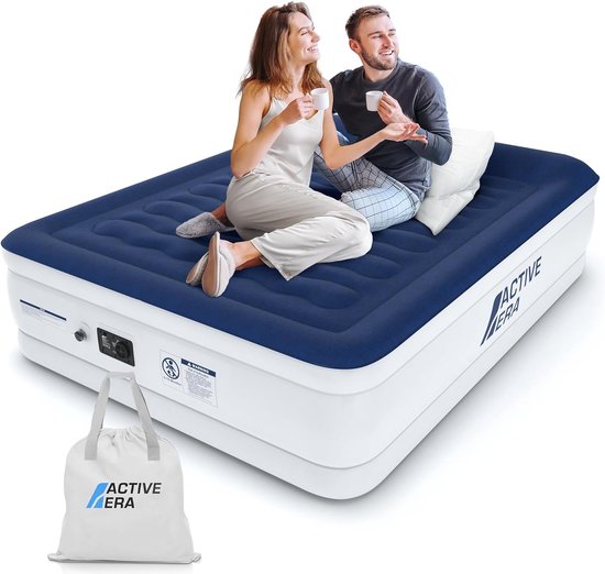 Extra Hoog 2 Persoons Luchtbed - Geïntegreerd Kussen - Lucht Matras 203x152x56cm - Ingebouwde Elektrische Pomp - Incl. Draagtas - Waterdicht - Blauw/Wit van Intex