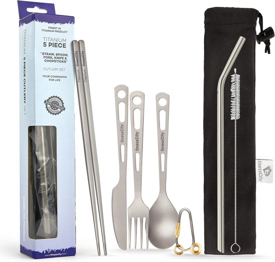 Extra Sterke Ultra Lichtgewicht Titanium Bestekset - 3-4-5 Stuk Rietjes Eetstokjes Mes Vork Lepel Set voor Thuisgebruik-Reizen-Kamperen Bestekset in Koffer (Standaard 5-delige Bestekset)