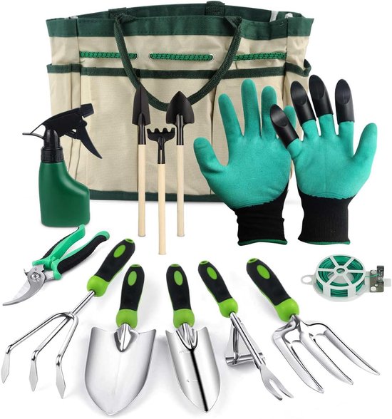 Famanu 13 stuks tuingereedschapset met houders, roestvrijstalen tuingereedschapset, handgereedschap set met zware gereedschapstas, tuingereedschapset voor mannen vrouwen met verschillende accessoires van Famanu