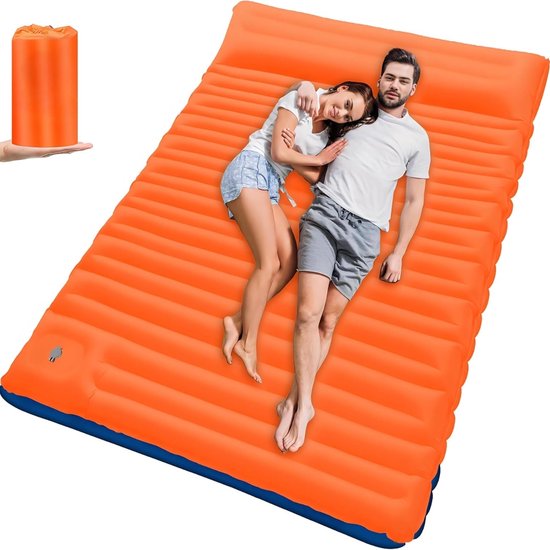 Famanu – 4 Inch Dikke Dubbel Opblaasbare Slaapmat voor Kamperen - met Voetpomp en Kussen - Lichtgewicht Kampeermatras 2 personen voor Buiten - Backpacken - Wandelen van Famanu