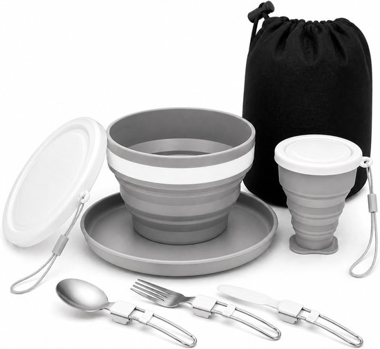 Famanu – 6-in-1 opvouwbare camping eetset, inclusief roestvrijstalen mes, lepel, vork, mok, kom en bord, ideaal voor outdoor activiteiten