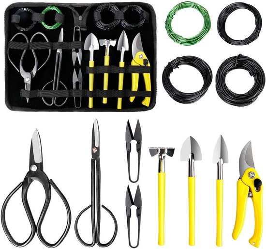 Famanu Bonsai Gereedschap Set 13 Stks Koolstofstaal Succulent Tuinieren Trimmen Gereedschap Kit Inclusief Snoeischaar, Schaar, Mini Hark, Ronde en Puntige Schop &Training Draad in PU Lederen Tas van Famanu