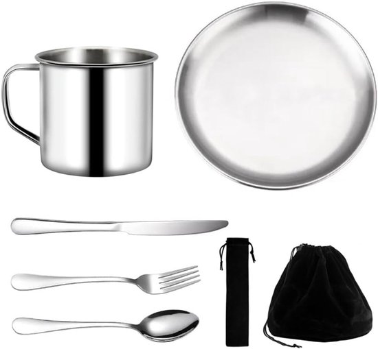 Famanu – Camping kookset, 7-delige camping bestek set voor 1 persoon met beker, bord en roestvrij staal bestek, inclusief zwarte tas