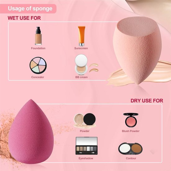Famanu – Set van 4 beautyblenders – Latexvrije make-up sponzen met houder – Voor foundation, poeder en crème – Crème Roze