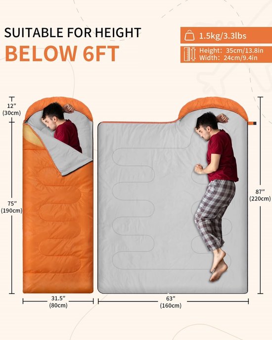 Famanu Slaapzakken voor volwassenen 220×80cm, Kinderslaapzak 3-4 seizoenen lichtgewicht backpacken slaapzak koud weer en warm, compact, enkele volwassen meisjes jongens camping slaapzak van Famanu