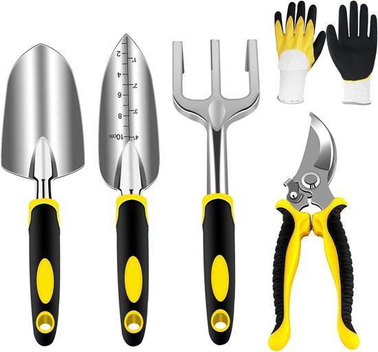 Famanu Tuingereedschap van roestvrij staal, tuingereedschapsset met tuinschaar, handtrommel, transplantator, handhark, tuinhandschoenen (750, 5 stuks) van Famanu