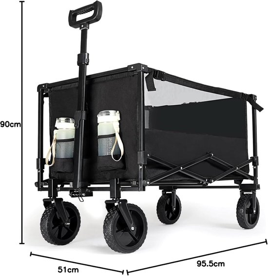Famanu - Zwarte strandbolderkar 100 kg, all-terrain wielen, met verstelbaar handvat en drankhouders