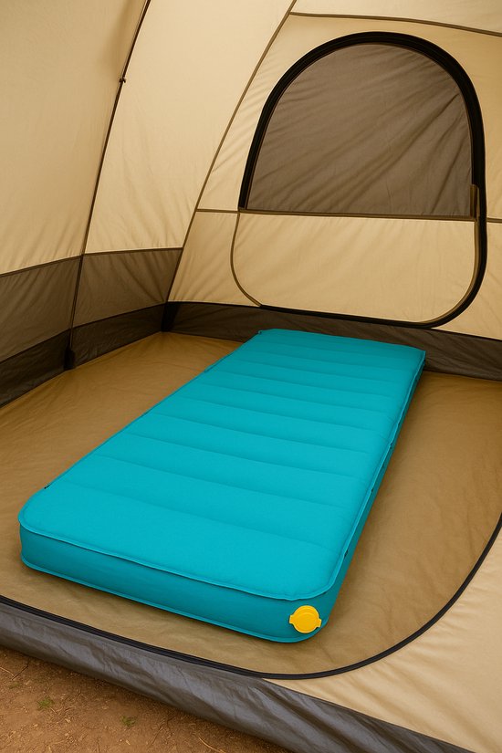 Fameilleur- 1 persoons luchtbed- blauw-Fameilleur Zelfopblaasbaar Lucht bed 1-Persoons – 200x70x8 cm – Comfortabel Matras met Schuimvulling & R9 Isolatiewaarde – Voor Alle Seizoenen – Koppelbaar via Drukknoppen – Incl. Draagtas – Camping & Logeerbed van Merkloos
