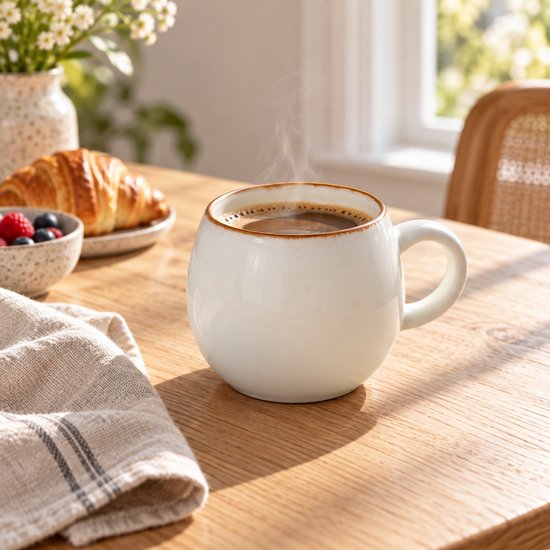 Fameilleur Grote Koffiemok 450 ml – Witte Theemok met Oor en Bruine Rand – Ronde Stoneware Beker voor Koffie, Thee en Warme Chocolademelk – Vaatwasser- en Magnetronbestendig – 1 Stuk- koffie mok - koffie beker- koffiebeker