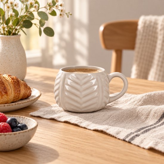 Fameilleur mok beige 20 cl – stijlvolle stenen koffiemok en theemok met bladstructuur, reactief glazuur, vaatwasser- en magnetronbestendig- koffiemok- koffiebeker- koffie mok- koffie beker- thee mok - theemok- servies