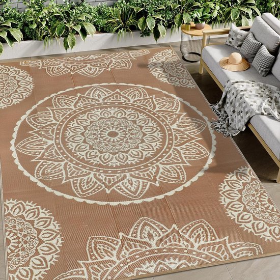 Famibay Outdoor tapijt, weerbestendig, 180 x 270 cm, omkeerbaar, campingtapijt, outdoor, waterdicht, beige, bruin, kunststof, omkeerbaar, licht, buitentapijt voor terras, tuin, balkon, camping, binnen