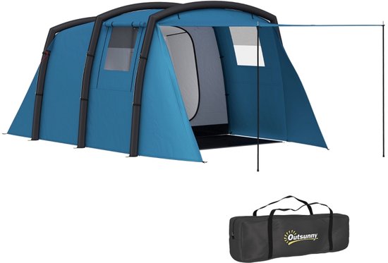 Familietent - Opblaasbare tunneltent - Buitentent - Aufblasbares Campingzelt 3-6 Personen - Met zijramen en deur - Opblaasbare constructie - 4,4 x 2,8 x 1,95 meter - Zonbescherming - Waterdicht - Blauw van Merkloos