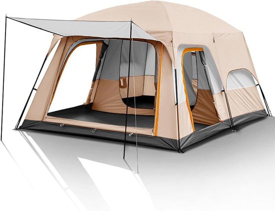 Familietent voor 8-12 personen met 2 slaaphutten en stahoogte - Grote kampeertent met zonnescherm - Khaki van Merkloos