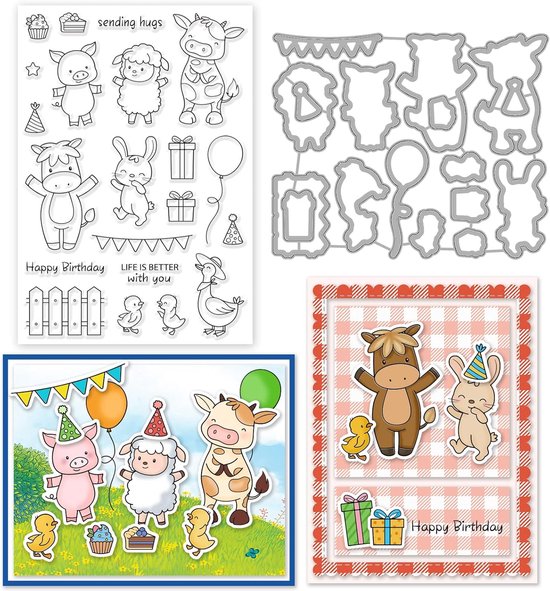 Farm Animal Clear Stamps en Dies Set Rundvee Konijn Transparante Silicone Stempels Dierlijke Vorm Happy Birthday Snijmal voor Kaart Maken DIY Handwerk Scrapbooking Wenskaart Decor