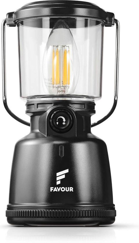Favour L0818 Retro Camping lamp oplaadbaar LED,  320 Lumen, IP64 Waterdicht, Draagbare Kampeerlamp, Tentlamp, Acculamp, Traploos Dimbare  Lamp incl. Kaarslicht-modus, Zwart van Favour