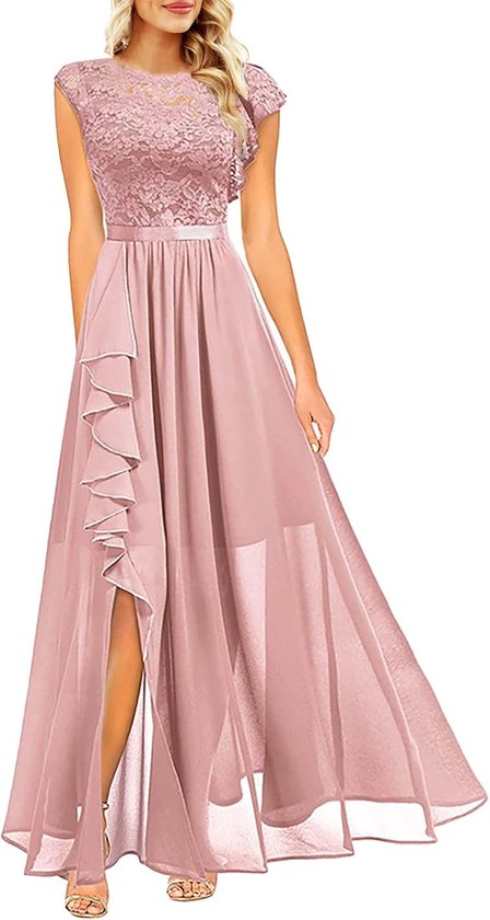 Feestjurk voor vrouwen met kant en ruches, ronde hals, sweatshirt-stijl, avondjurk, elegante partyjurk met splice-design, figuurvriendelijk en modieus voor bruiloft, gala en speciale