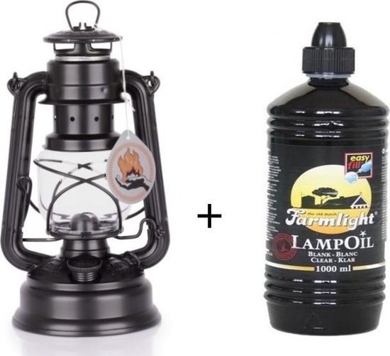 Feuerhand 276 Olielamp / Stormlamp Mat Zwart + 1 Liter Farmlight lampolie van Feuerhand