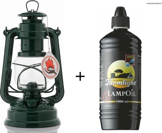 Feuerhand 276 Olielamp / Stormlamp / Stormlantaarn Mosgroen + 1liter Farmlight lampolie van Feuerhand