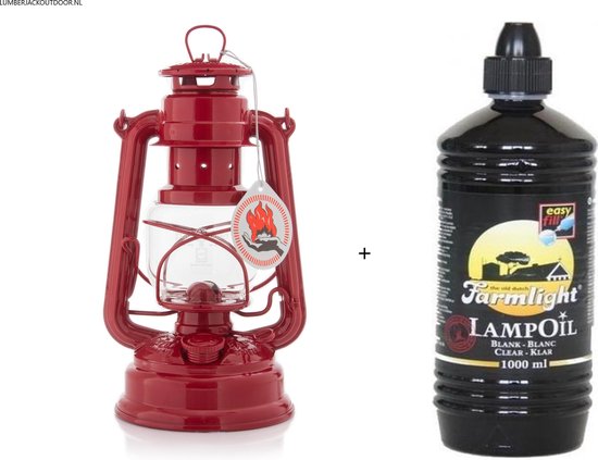 Feuerhand 276 Olielamp / Stormlamp / Stormlantaarn ruby red + 1 Liter Farmlight lampolie van Feuerhand