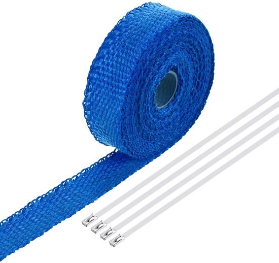 Fibreglass Uitlaatband, 1 inch x 16 inch, blauwe hittebeschermingsbandage voor hot rods en motorfietsen met 4 roestvrijstalen binders