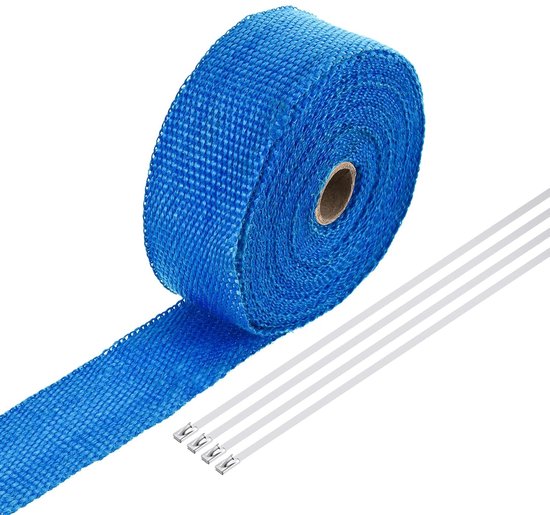 Fibreglass Uitlaatband, 5 x 83 cm, blauwe hittebeschermingsbandage voor hot rods en motorfietsen met 4 roestvrijstalen binders