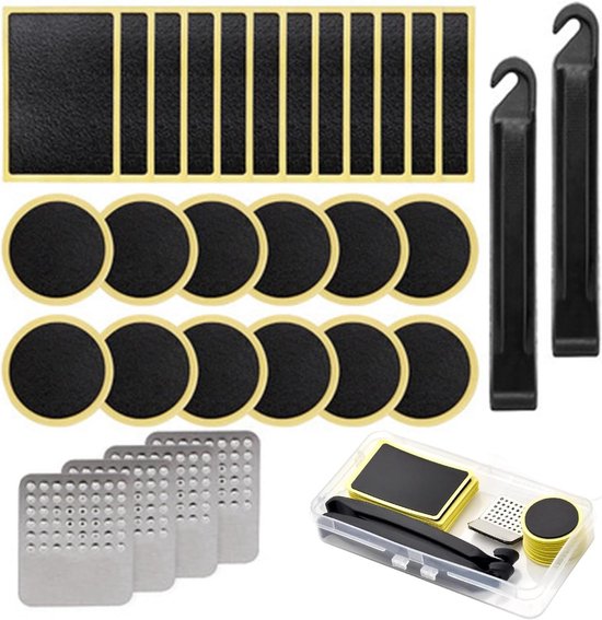 Fietsband Reparatie - Lekke Band Kit - Onderweg Herstellen - Lijmloze Patches - 30 Delig - Zwart