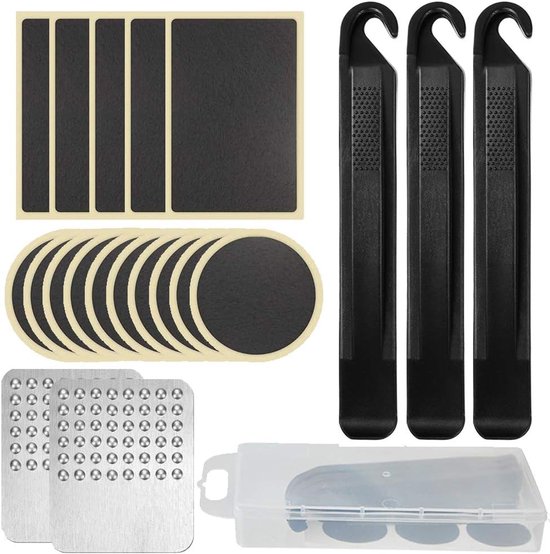 Fietsband Reparatiekit - Bandenplak Set - Fiets Onderhoud - Inclusief Bandenlichters - 18 Delig - Zwart van Merkloos