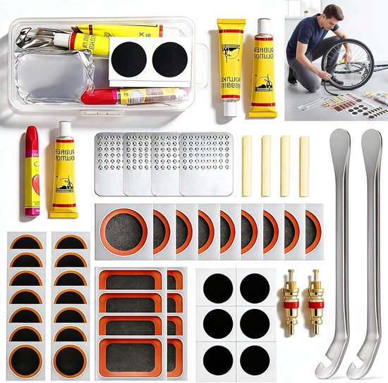 Fietsband Reparatiekit - Bandenplak Set - Onderweg Herstellen - Zelfklevend en Vulkaniserend - 128 Stuks - Zwart