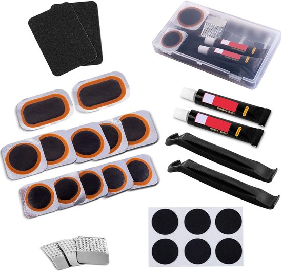 Fietsbanden reparatieset - Bandenplakset - Onderweg repareren - Compleet met gereedschap - 12 patches - Zwart