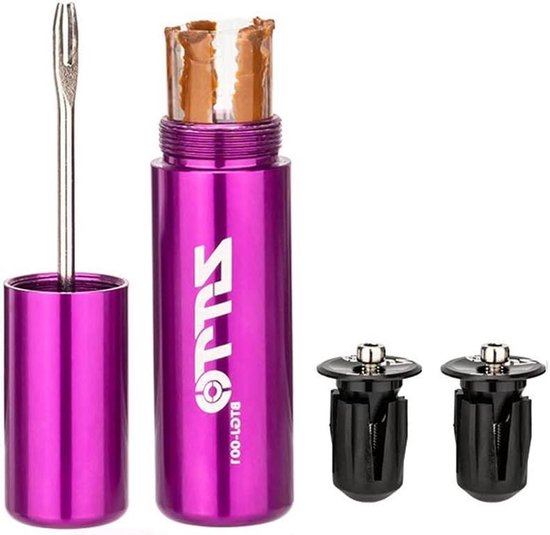 Fietsbandreparatieset - Tubeless bandenplakker - Fietsbanden repareren - Draagbaar aluminium ontwerp - 10 x 5 x 5 cm - Paars van Merkloos