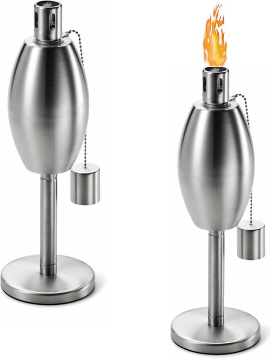 Fire & Deco- Tuinfakkel - olielamp met ovale oliecontainer, van geborsteld RVS en deksel/blusdop - 27 x 10 cm - 2 Stuks van Fire & Deco
