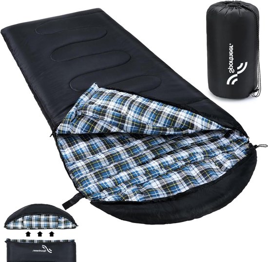 Flanellen slaapzak met afneembare capuchon - 220 x 85 cm - compact en warm - 3-4 seizoenen - voor koud weer - outdoor winter camping van Merkloos