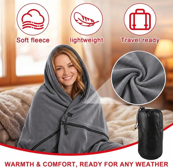 Fleece Slaapzak 180 x 82 cm voor Lente en Zomer, 2-Wege Rits, Koppelbaar met Dubbele Slaapzak, Zacht en Wasbaar in Grijs, Zwart, Blauw en Rood - Ideaal voor Kamperen en Buitenactiviteiten