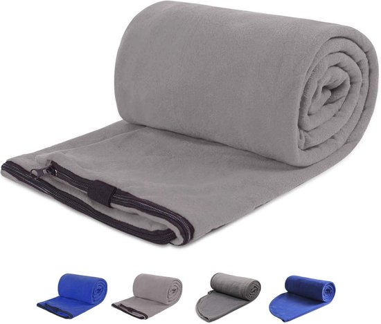 Fleece Slaapzak Liner voor Volwassenen, Geschikt voor Warm of Koud Weer, 190cm Lang, Volledige Rits, Indoor & Outdoor Kampeerdeken met Zak, Grijs van Merkloos