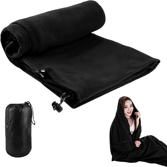 Fleece Slaapzak - Reisdeken Huttenslaapzak - Kamperen Reizen - Lichtgewicht Compact - 180 x 82 cm - Zwart