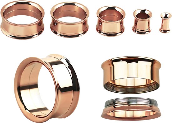 Flesh Tunnel roségoud chirurgisch staal 2-delige set piercing oorstretcher oorplug, Roestvrij staal,
