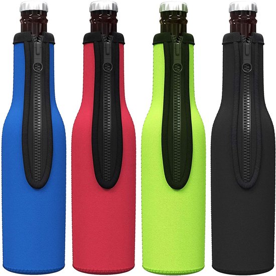 Flessenkoeler - 4 Stuks - 19x6 cm - Bierfleskoeler - Geschikt voor Blikbier en Andere Flessen Koude Dranken - Stoffen Flessenkoeler - Kan Isoleren - Universele Maat - Hoes voor Fles in Blauw, Rood, Zwart, Groen van Merkloos