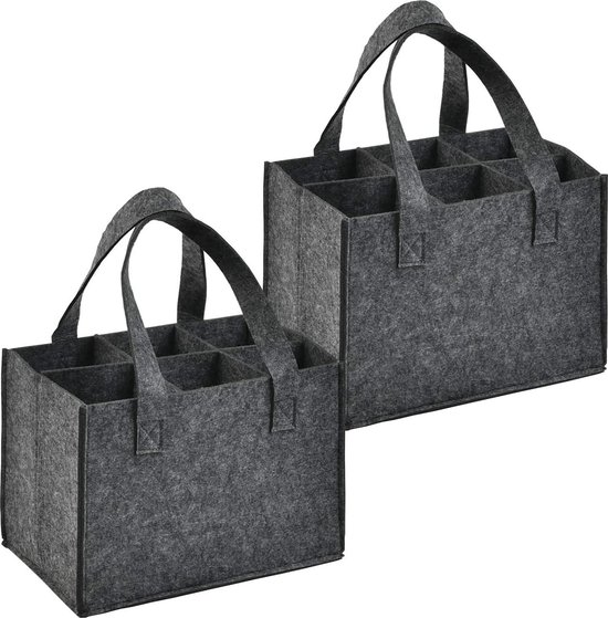 Flessentas met 6 vakken - 2 stuks - vilten flesdragers - heren handtas - wijnfles-tas - grijs - draagzak bottle bag van MaoGe.