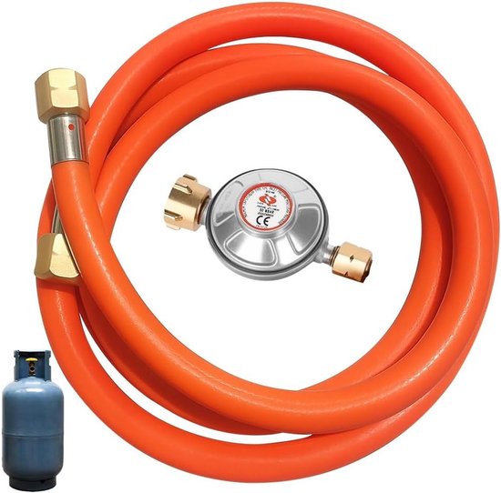 Flexibele gasdrukslang 50 mbar met drukregelaar, manometer en veiligheidsklep, ideaal voor gasbarbecue en campingkooktoestel, 150 cm lang
