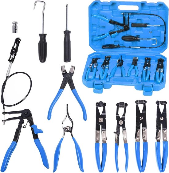 Flexibele Slangklem Tangenset - Lang Bereik - 9 Stuks - Draad Clip Tang - Slang Klem Tang - Verwijderaar Kit - Vervanging Brandstof, Olie, Waterslang - Blauw - Zwart - Handig Model van Merkloos