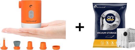 Flextail Gear 1x Max Pump 2 Pro Luchtbedpomp - 4 in 1 - Luchtpomp, Lantaarn, Vacuümpomp, Noodpowerbank - Oranke + Vacuüm opbergzakken voor kleding - 80x60 cm - 4 stuks van Flextail Gear