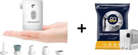 Flextail Gear 1x Max Pump 2 Pro Luchtbedpomp - 4 in 1 - Luchtpomp, Lantaarn, Vacuümpomp, Noodpowerbank - Wit + Vacuüm opbergzakken voor kleding - 80x60 cm - 4 stuks van Flextail Gear