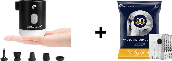 Flextail Gear 1x Max Pump 2 Pro Luchtbedpomp - 4 in 1 - Luchtpomp, Lantaarn, Vacuümpomp, Noodpowerbank - Zwart + Vacuüm opbergzakken voor kleding - 80x60 cm - 4 stuks van Flextail Gear