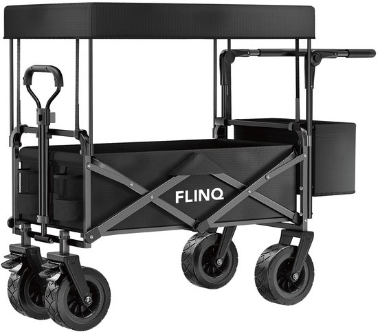 FlinQ Bolderkar met Dak tot 130 KG - Opvouwbaar - Strandkar met Duwstang - Inklapbare Bolderwagen voor Strand - 100L Inhoud met Draaibare Wielen - Zwart van FlinQ